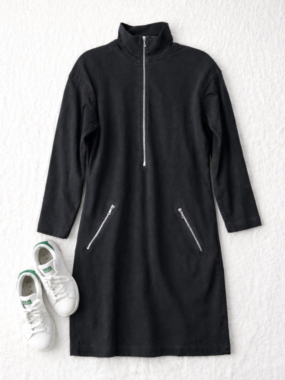 Vintage Cotton Ginny Black Half Zip Tunic Dress Mock Neck Size Medium